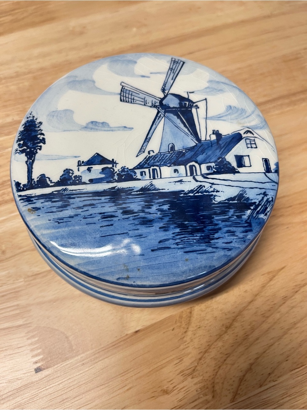 Vintage Oud Delft Blue Hand-Painted Round Trinket Box - Made in Holland
